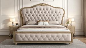 European King Size Tufted Upholstered <b>Bed</b> With Faux Leather And Gold Trim <b>Frame</b> - Product Image 2