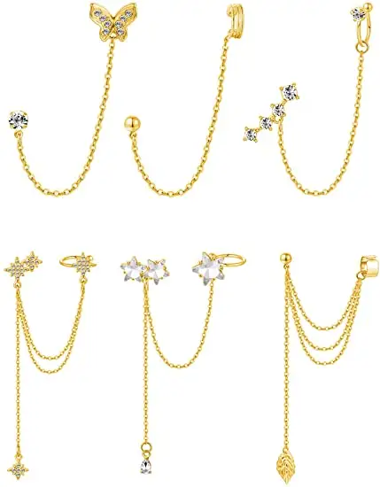Wholesale Gold Plated Cuff Earring Chain CZ Leaf Snowflake Star Butterfly Crawler Climber Tassel Chains Drop Dangling Earrings