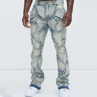 XJYD Vêtements Homme Personnalisés Jeans Évasés Détruits Style Vintage Délavé Hip Hop Jean Laser Bleu Clair Superposé
