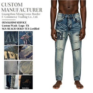 Jeans Stile AMIRY Personalizzati Blu Effetto Vissuto con Ricami e Patchwork a Nastro <span class=keywords><strong>Pantaloni</strong></span> Denim Hip Hop Streetwear da <span class=keywords><strong>Uomo</strong></span> - Product Image 1