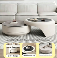 Ensemble de table basse moderne et mobile en crème avec meuble TV et tiroir de rangement, meubles de salon en verre trempé et acier inoxydable