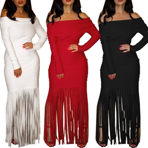 Robe de soirée élégante et sexy pour femme, à épaules dénudées, ajustée, avec franges et pompons, manches longues, bustier, style cache-cœur, tendance - Product Image 1