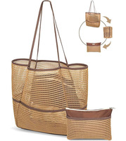 Mesh strandtas voor dames, bovenrits, 11 vakken, afneembaar tasje, machinewasbaar, chique zomerhandtas