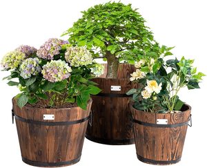 Jardinière vintage en forme de tonneau, 3 pièces, seau en bois, lits surélevés pour plantes, herbes, légumes, intérieur, extérieur, <span class=keywords><strong>jardin</strong></span>, boîte à fleurs décorative - Product Image 1