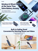 Batterie externe magnétique sans fil HYTO Mini 15W 5000mAh avec charge rapide 22.5W, câbles doubles intégrés, support pliable, chargeur portable