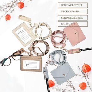 Genuine Leather Badge <b>Holder</b> With Neck Lanyard Retractable Reel Pen <b>Holder</b> For Work <b>ID</b> Card And Glasses - Product Image 1