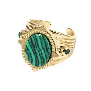 Vintage Natural Stone Opening Titanium Steel Ring Mesh Red Simple Plated 18k Gold Malachite Hand Jewelry