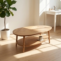Table basse ovale en bois massif de style nordique moderne, double niveau de rangement, table à thé en bois pour le salon