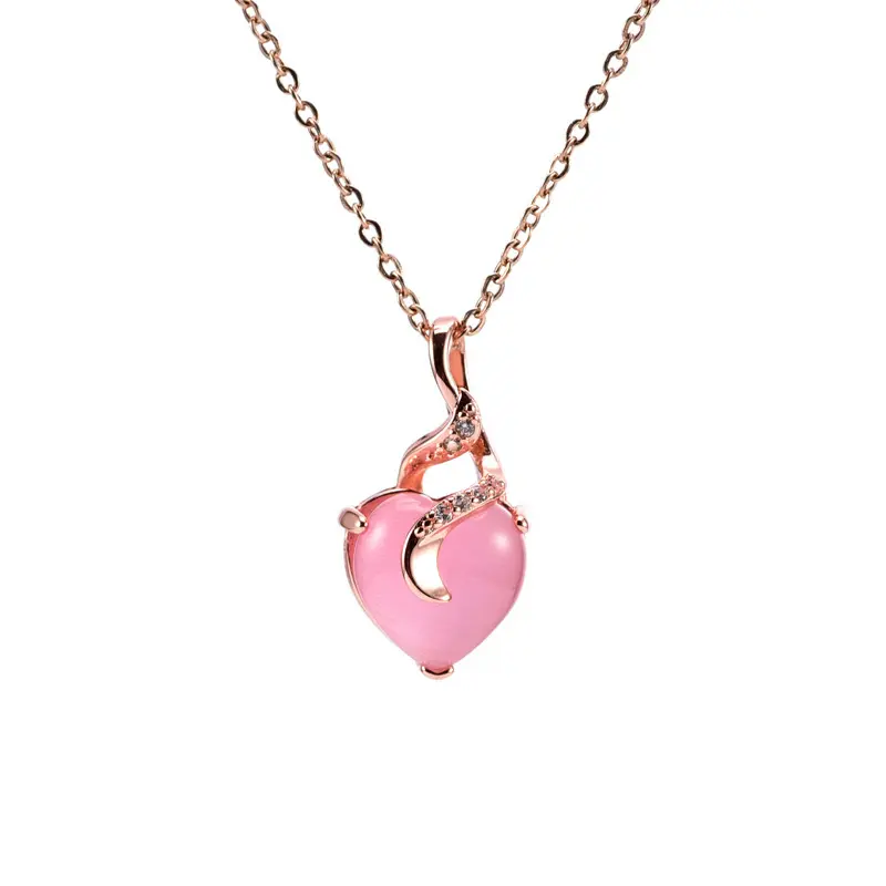 Trendy heart shape Hibiscus stone necklace 316l stainless steel pink heart cz diamond necklace stainless steel pendant necklace