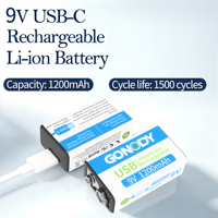 Batterie rechargeable au lithium GONODY YT9V 9V 1200mAh USB Type-C certifiée CE, batterie Li-ion 9V