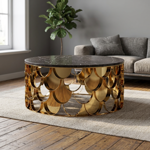 Modern <b>Round</b> Marble Top Coffee <b>Table</b> with <b>Gold</b> Fish Scale Metal Base Contemporary Living Room Furniture - Product Image 1