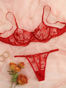In Stock Hot Sexy Perspective Underwear Flower Embroidery Lingerie Two Sets - Product Image 3