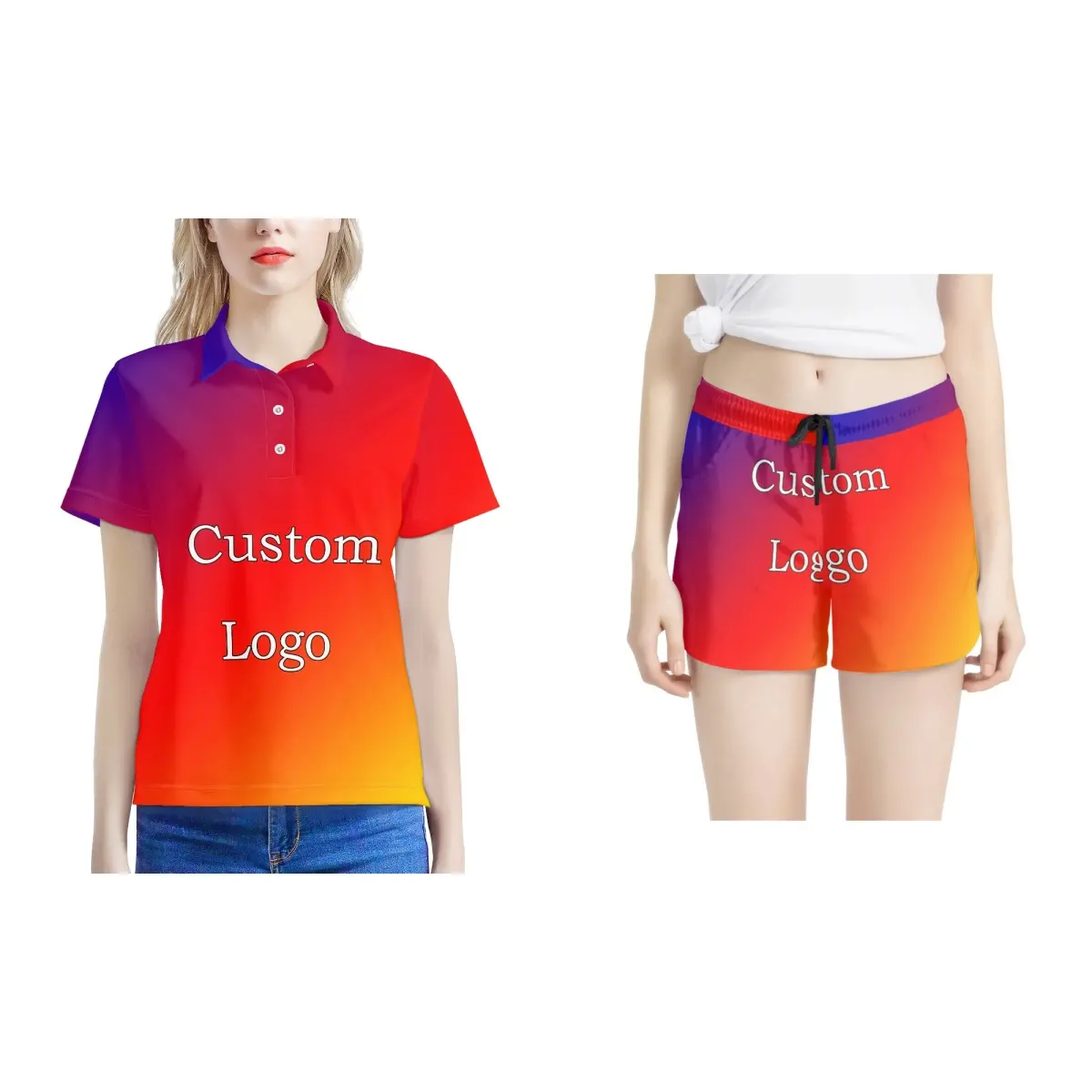 Print On Demand Poloshirt Shorts Set Hoge Kwaliteit Custom Logo Vrouwen Casual Knoop Up Tops Broek Goedkope Streetwear Sublimatie