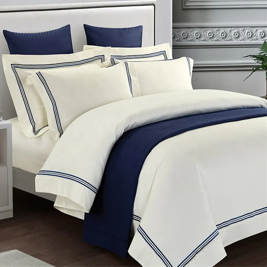 Amazon hot sale nantong factory 100% cotton embroidery duvet cover flat sheet set hotel linen bedding set