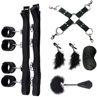 Kit de Contrainte BDSM 7 Pièces Sous Matelas avec Plumeau, Masque pour les Yeux, Pinces à Tétons, Menottes Poignets et Chevilles pour Couples