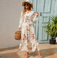 Robes longues pour femmes, style bohème décontracté, à manches longues, taille haute, en mousseline, à motifs floraux, pour le printemps et l'automne, idéales pour la plage