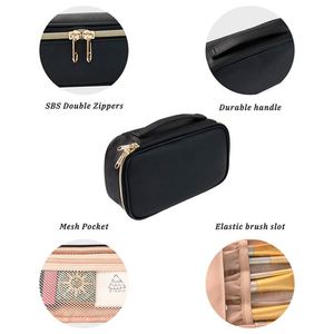 Grande trousse de maquillage portable en cuir PU vegan, résistante à l'eau, pliable, avec fermeture éclair, organiseur de pinceaux, sac de voyage cosmétique pour femmes - Product Image 6
