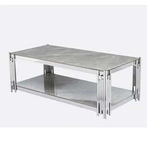Table basse moderne avec cadre en acier inoxydable chromé argenté et dessus en marbre Table centrale Table à thé pour meubles de salon