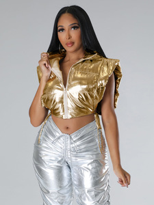 Winter Motorcycle Solid Shiny Sleeveless Zipper Vest Top Hooded <strong>Jacket</strong> Cropped Faux Tie up <strong>Puffer</strong> Down Coat Women Vest <strong>Jacket</strong> - Product Image 2