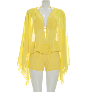 Ensemble d'été pour femmes Viviblook D26ST103, haut en mousseline de soie à col en V profond, manches longues évasées, short à lacets, ensemble 3 pièces pour femmes - Product Image 3