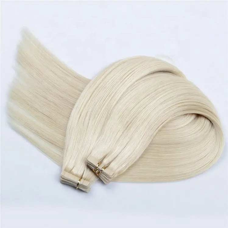 Wholesale double drawn russian remy high quality blue/white tape in human hair extensions