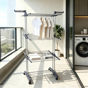 Space-saving Multilayer Foldable Adjustable Stainless Steel <b>Clothes</b> Drying Stand with Lockable Universal Casters for Indoor - Product Image 5