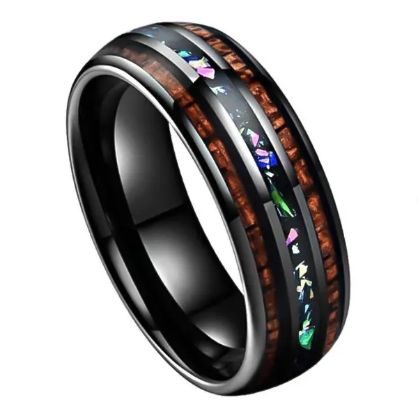 8Mm Mái vòm Hình Koa Gỗ Và Opal Inlay Tùy Chỉnh Màu Đen Tungsten Nhẫn Titan Đám Cưới Ban Nhạc