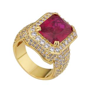 Anillos de Latón Chapados en Oro con Circonita Cúbica Roja y Rubíes, Hechos a Mano Directamente de Fábrica, para Hombre, Estilo Hip Hop - Product Image 2