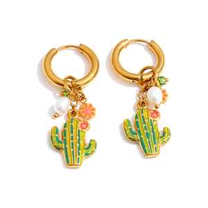 <span class=keywords><strong>Orecchini</strong></span> pendenti JINYOU 1001 in acciaio inossidabile smaltato a forma di <span class=keywords><strong>cactus</strong></span>, placcati oro, con perle simulate e fiore a cerchio. - Product Image 1