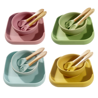 Ustensiles d'alimentation pour bébé sans BPA, bol antidérapant avec poignée en bois, cuillère et fourchette en silicone, assiette à ventouse pour apprendre à manger