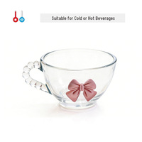 Ensemble tasse et soucoupe en verre peint à la main, style américain, écologique, rose princesse, avec nœud, réutilisable, 250 ml, pour café, thé et expresso
