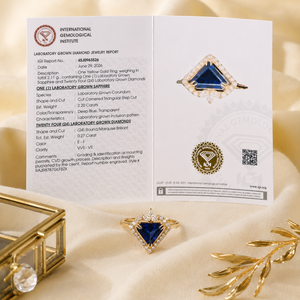 Bague en or jaune massif 14 carats avec diamant de laboratoire et saphir bleu royal, bijoux de luxe tendance pour femme, pour toutes les occasions - Product Image 3