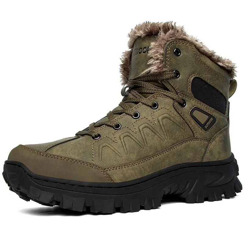 Plus Size 48 Warm Genuine Leather Mid Cut Winter Fur Snow Waterproof Outdoor Men Hiking Shoes Boots