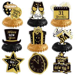 YACHEN Nouveauté Arrivée Nouvel An Fête du Nouvel An Fournitures <span class=keywords><strong>de</strong></span> fête 9 pièces Noir Or Nouvel An Décorations <span class=keywords><strong>de</strong></span> <span class=keywords><strong>centre</strong></span> <span class=keywords><strong>de</strong></span> <span class=keywords><strong>table</strong></span> en nid d'abeille - Product Image 1
