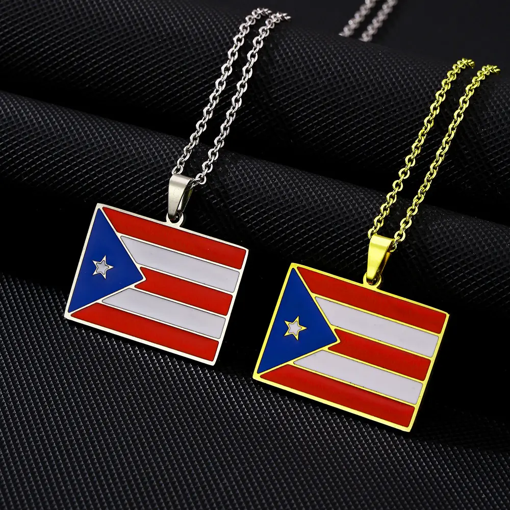 Cuore Puerto mappa e bandiera di colore ciondolo collane colore oro/argento colore PR Puerto Ricos collana