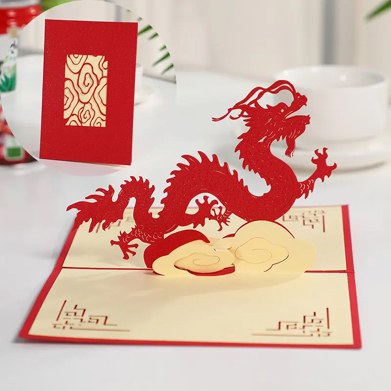 3D Pop-Up Grußkarte Roter Drache hohl geschnitzt Segen Postkarte handgefertigt Kirigami Party-Dekoration Geschenk Karten