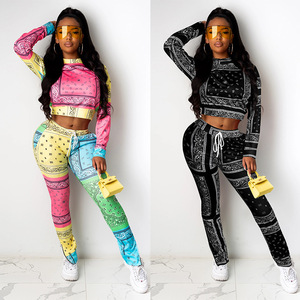 Completo da <span class=keywords><strong>Donna</strong></span> Europeo e Americano <span class=keywords><strong>con</strong></span> Top a Maniche Lunghe e <span class=keywords><strong>Pantaloni</strong></span> Casual <span class=keywords><strong>con</strong></span> Vita Elastica e Stampa - Product Image 2