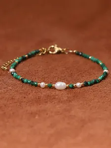 Bestone gelang tipis sederhana wanita dapat disesuaikan gelang mutiara air tawar Malachite manik-manik segi berlapis emas 18K