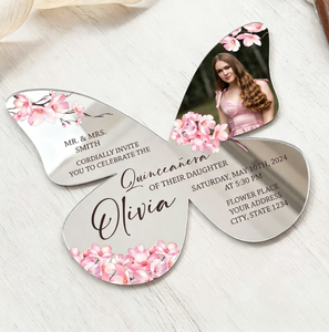 <span class=keywords><strong>Invitation</strong></span> personnalisée pour Quinceañera avec miroir papillon et <span class=keywords><strong>photo</strong></span>, <span class=keywords><strong>carte</strong></span> <span class=keywords><strong>d</strong></span>'<span class=keywords><strong>invitation</strong></span> en acrylique personnalisée à motif de fleurs de cerisier pour fête de 15 ans - Product Image 1
