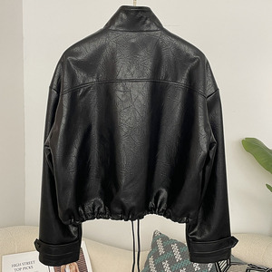 OFTBUY 여성용 인조 가죽 코트 여성 스탠드 칼라 긴소매 트랜지션 PU 가죽 재킷 지퍼 오토바이 재킷 루즈핏 - Product Image 5