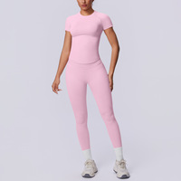 Ensemble deux pièces de yoga long, sans couture, en tricot extensible (Spandex/Nylon), anti-plis, couleur unie, ajusté et respirant, taille européenne transfrontalière