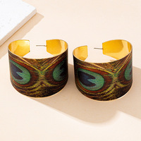 JLD-109 Pendientes de Aleación con Forma de C, Estilo Étnico Vintage, con Plumas de Pavo Real para Mujer