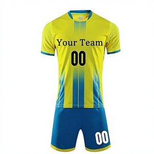 ชุดฟุตบอลชายแบบกำหนดเอง สีเหลือง-น้ำเงินไล่เฉด พิมพ์ลายแบบ Sublimation ระบายเหงื่อได้ดี ผลิตจากโพลีเอสเตอร์ สำหรับผู้ใหญ่ - Product Image 1