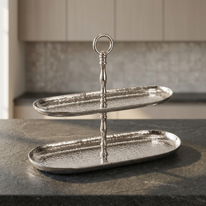 2 <b>Tier</b> Hammered Aluminium Handmade Oval <b>Cake</b> Stand Decorative Handle Dishwasher Safe for Home Dining Table Food Snack Dessert - Product Image 2