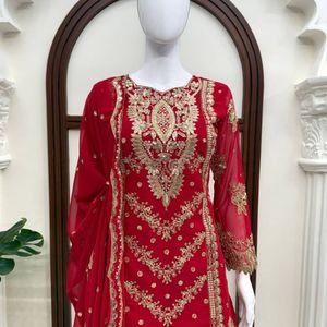 Red Embroidered Salwar Kameez Pakistani <b>Wedding</b> <b>Dress</b> Long Dupatta Net Sharara <b>Suit</b> <b>for</b> Bride Party Wear - Product Image 3