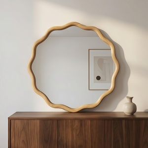 <b>Oak</b> Color 24 Inch Wavy <b>Round</b> Solid Wood Frame Decorative <b>Mirror</b> For Bedroom Bathroom Living Room Entryway - Product Image 2