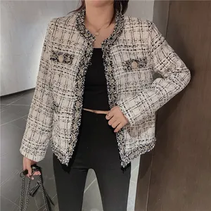 Ladies O neck single breasted long sleeve outwear white black custom tweed jackets women for spring autumn