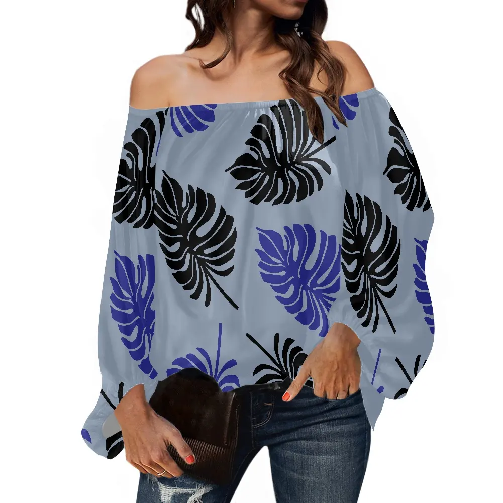 Fashionable Island Design Hawaiian Blouses Ladies Plus Size Women Blouse Off Shoulder Chiffon Shirt Monstera Leaf Printed Tops