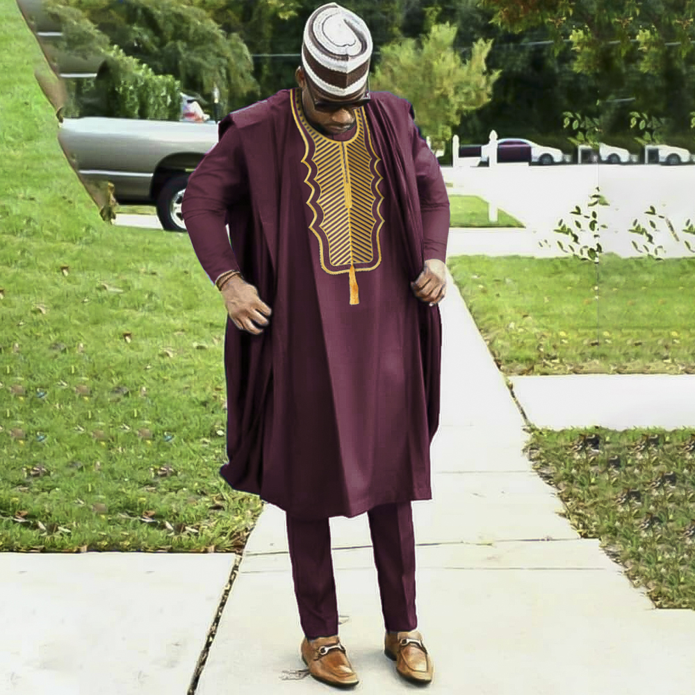 African Dashiki 3-Piece Suit For Men – Ankara Print Cotton Agbada Robe With Pants & Shirt, Custom Sizing