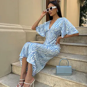 2023 New Casual Women Dresses V Neck Lace Up Hollow Out Short Sleeve Blue Satin Zebra Stripes Printed Ladies Maxi Long Dress